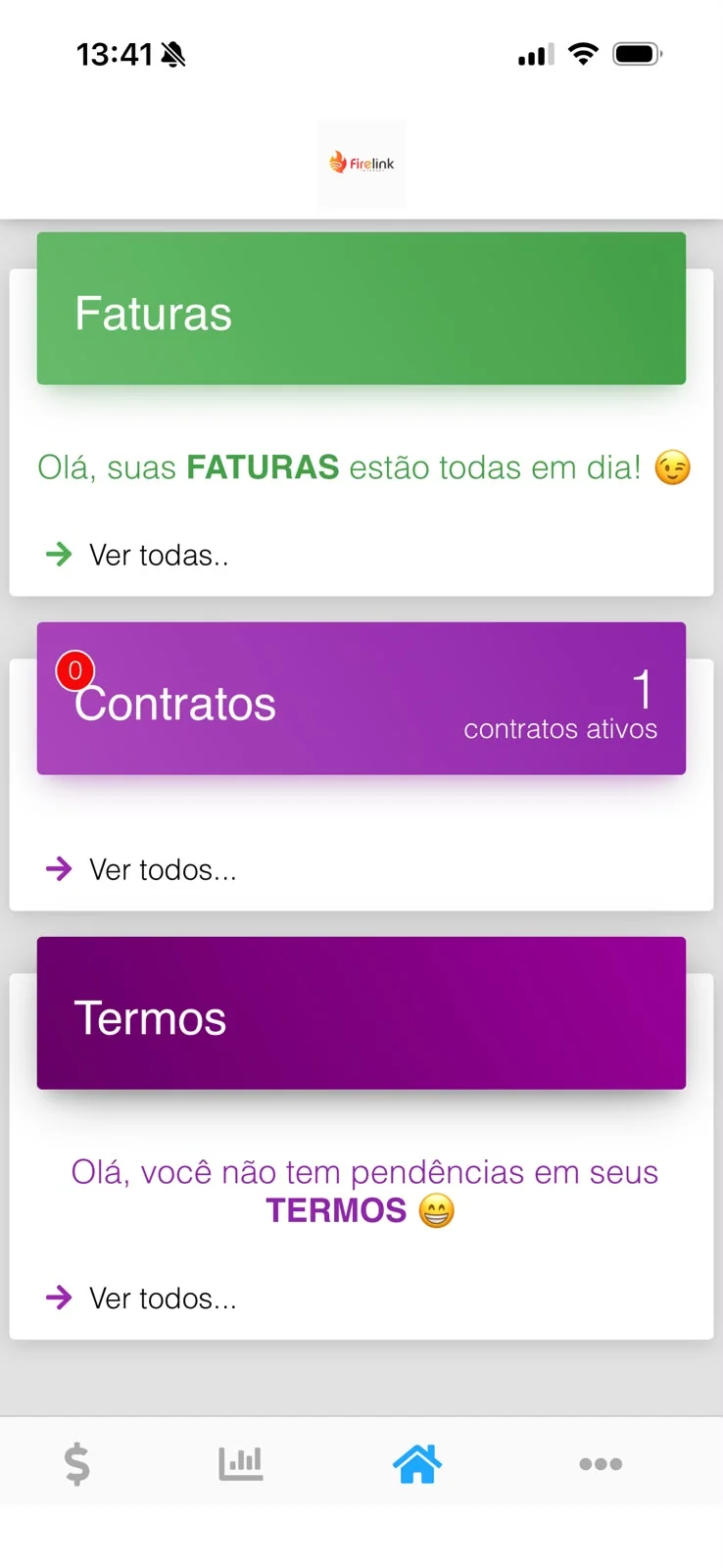 Tela do aplicativo Firelink com acesso a faturas, contratos e termos