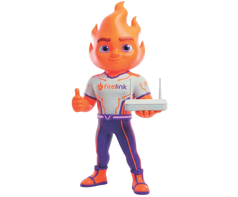 Mascote Firelink apresentando o aplicativo